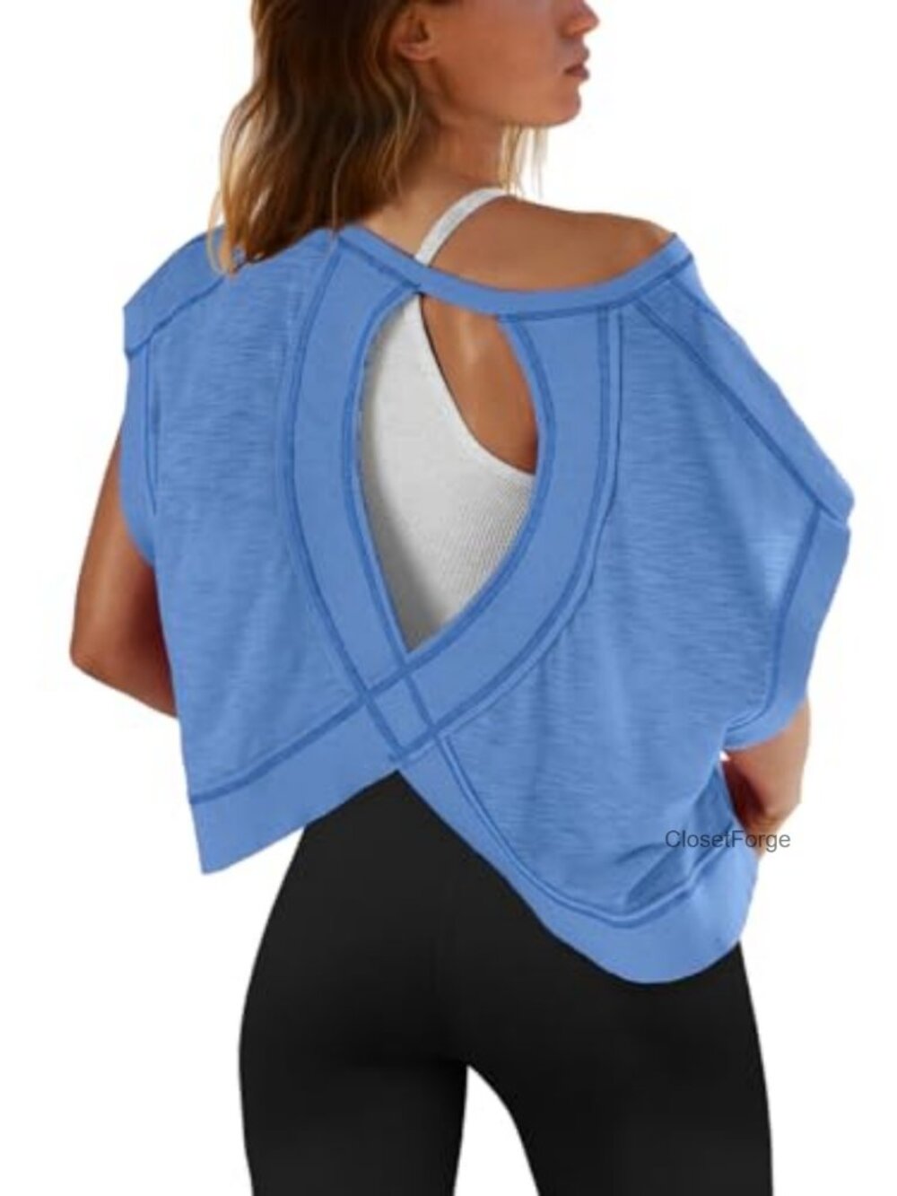 Open Back Workout Top Short Sleeve Crop Athletic Shirt Yoga Tee